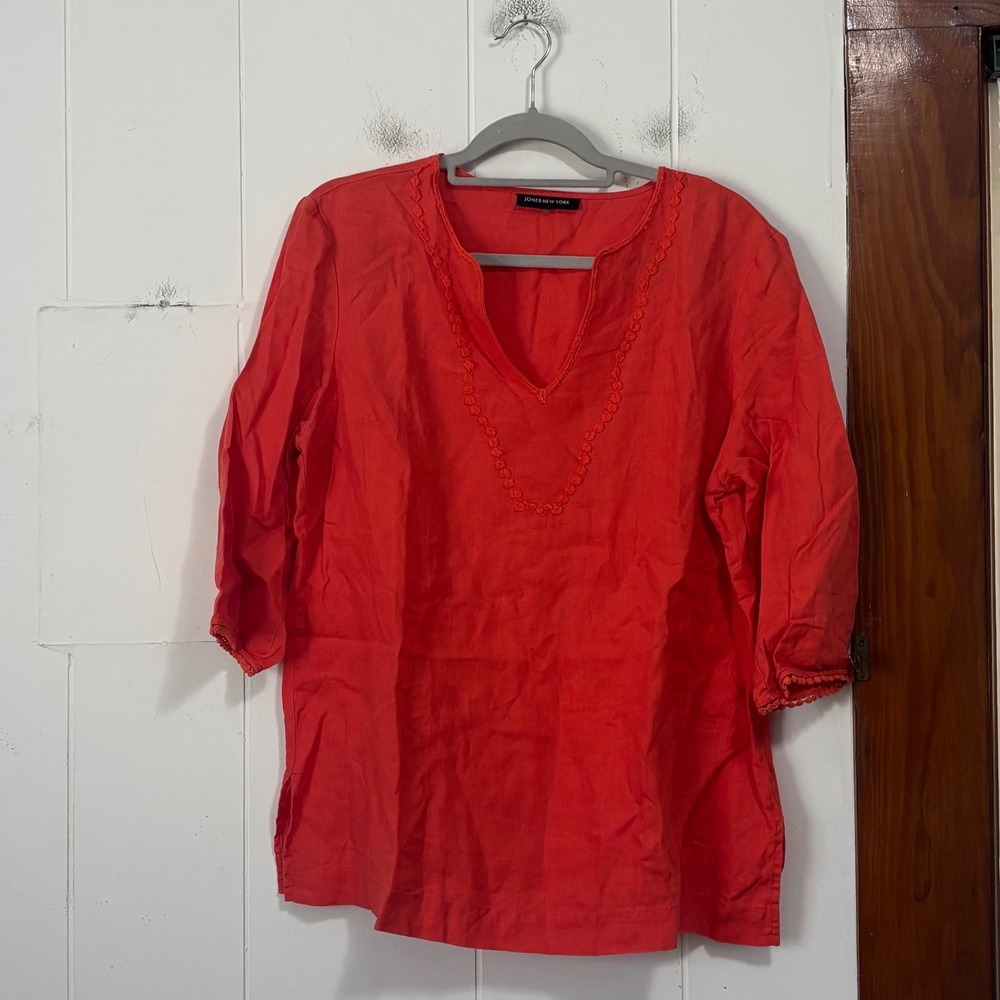 Jones New York Women Coral Orange Linen Tunic Embroidered V-Neck XL Top